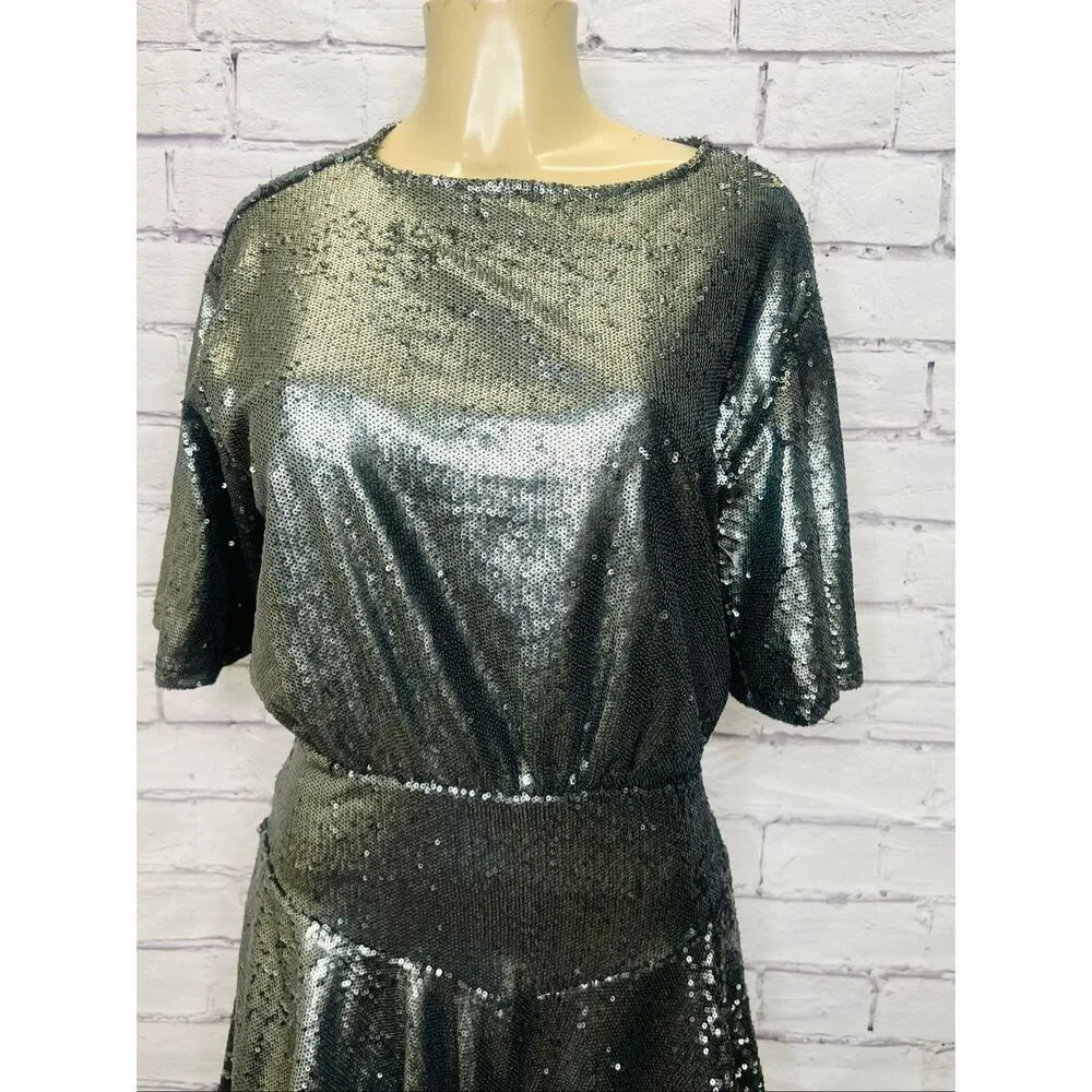Free People Womens Gunmetal Gray Sequin Futter Sleeve Manuka Mini Dress Size XS